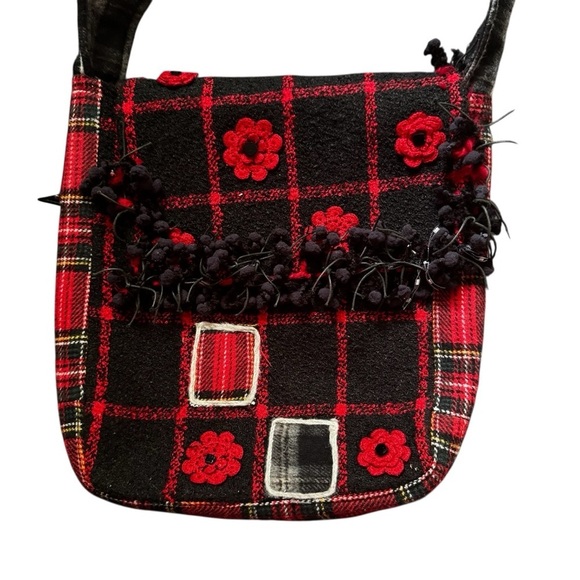 Red Black White Plaid Crossbody Bag with Floral Accents - Picture 2 of 6